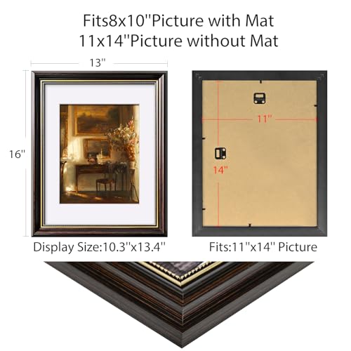 Image of 11x14 Vintage Picture Frames,Antique Picture Frame with White Mat for 8x10 Picture,1 Pack Ornate Picture Frame for Wall Decor,Brown