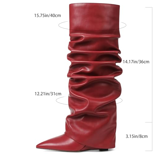 Image of Oiamenne Women's Fold Over Boots Slouch Wide Calf Knee High Boots | 3.15 inch Wedge Heel, Pointed Toe Tall Boots, Pull-on, Faux Leather Boots for Party Daily Wear