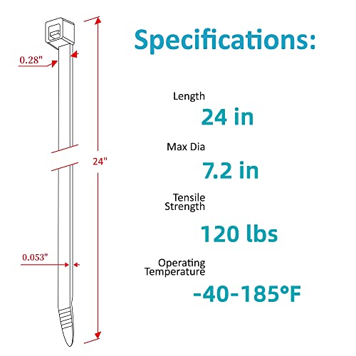 24 Inch Zip Ties Heavy Duty,Wlead 50Pcs Long Strong Zip Ties With 120 Lbs Tensile Strength,Outdoor Uv Resistant,Awnings Tying Branches Bundling Of Crops Fixed Water Pipes(White,24 Inch X 0.3 Inch) #TOP1