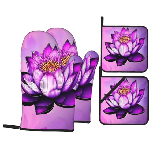 Purple Lotus - Juego de guantes de horno y soportes para ollas, 4 piezas, guantes de cocina antideslizantes para cocinar, hornear a la parrilla