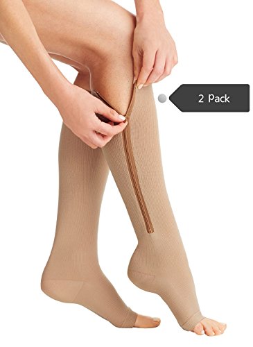 Zipper Compression Socks Toe Open for Varicose Veins and Edema, Unisex Zip Sox (2 Pack) (Nude, S/M)