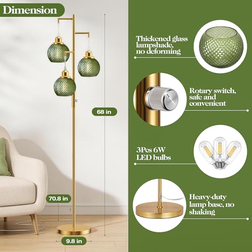 Image of Modern Glass Floor Lamps for Living Room, 3 Lights Standing Lamp, Green