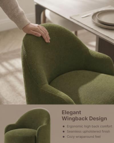 Image of KISLOT Upholstered Dining Chairs Set of 1 with Caster, Pre-Assembled, Green | Modern Dining Room Chairs with Wheels, Rolling Vanity Chair with Round Backrest for Kitchen, Bedroom, Dressing, Linen Fabric