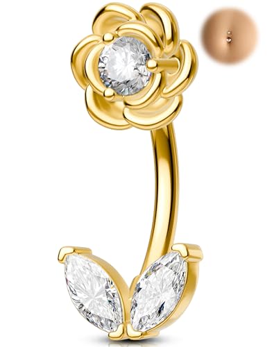 Melighting 14G Flower Belly Button Ring, 316L Surgical Steel Marquise CZ Belly Rings, Gold Navel Piercing Barbell, 10 mm Body Jewellery for Women