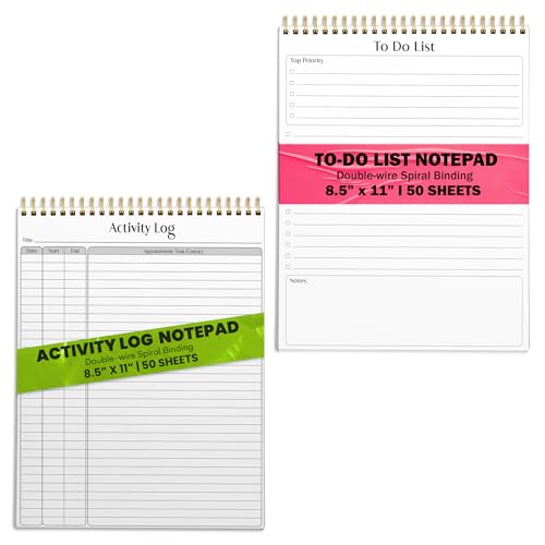 Better Office Products 8.5" x 11" Activity Log and To Do List Notepads, Planning Note Pads, 50 Sheets, Double-Wire Spiral, Daily Time Tracking Productivity Checklist Organizer (2 Notepads)