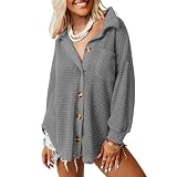 Tainrunse Camisa media para mujer, ajuste regular, solapa de otoño, primavera, un solo botonadura, holgada, color sólido, con botones, bolsillo de parche, dobladillo irregular, manga larga, punto