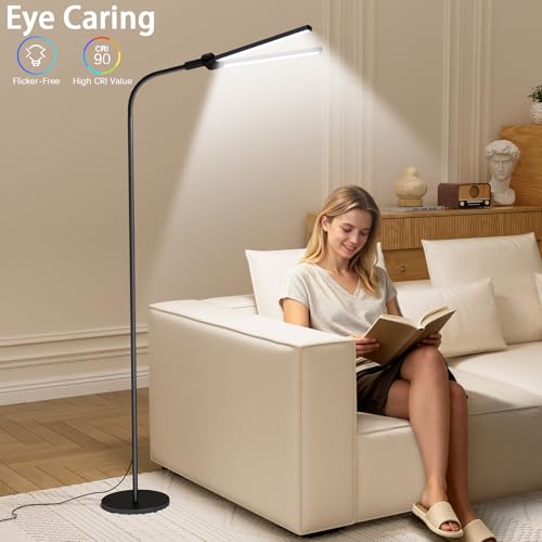 Image of SIBRILLE LED Floor Lamp, 24W Dual Head Dimmable Standing Lamp with Remote & Touch Control, Adjustable Gooseneck, 3000K-6500K Modern Reading Lamp for Living Room, Bedroom, Office & Crafts