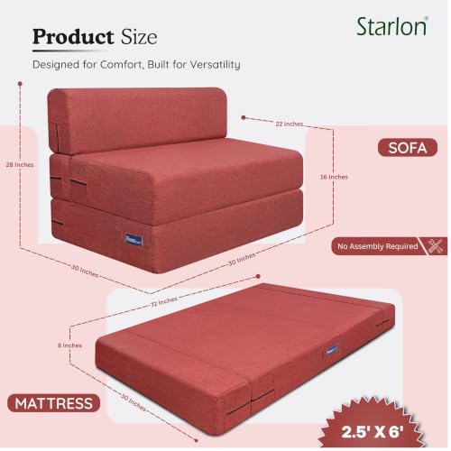 Image of Starlon 1 Seater Foldable Sofa Cum Bed 3-in-1 with Washable Jute Fabric Cover, Space Saving Guest Bed for Living Room & Apartment, Pre-Assembled Royal Maroon 2.5x6 Ft