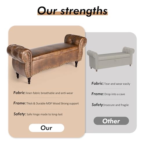ZZW Storage Ottoman Bench, 53\" Length Upholstered Bench & Ottoman with Safety Hinge, Tufted Bed Bench with Rolled Arm and Nailhead Trim, End of Bed Storage Bench for Bedroom, Living Room, Entryway