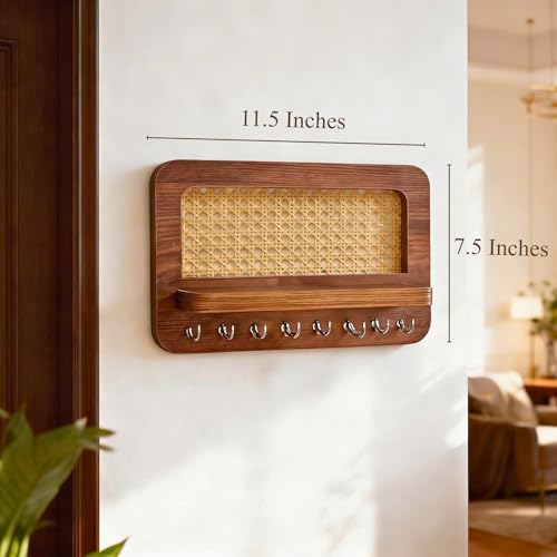 Image of InoSlashed Engineered Wood Key Holder for Home | Wall Stylish Key Stand | Key Chain Holders for Wall | Key Hanger | Rattan Webbing Key Holder | 8 Hooks (Rattan)