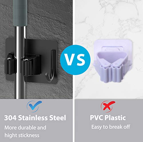 homeasy Mop Broom Holder No Drill, Mop Broom Organizer Wall Mounted Heavy Duty with Hooks Hanger, Self Adhesive Stainless Steel 4Pcs for Bathroom, Kitchen, Office (Black)