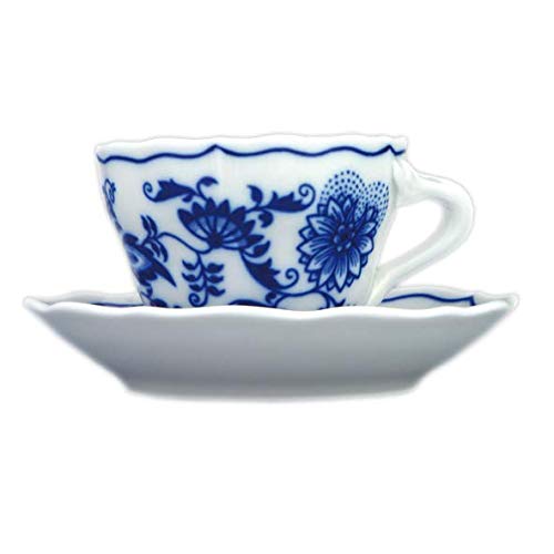 "Blue Onion" traditionell tjeckiskt porslin dekorativ kopp med fat | tjeckisk, europeisk design | handgjord kvalitet från böhmisk region | rund blå och vit | 99 ml