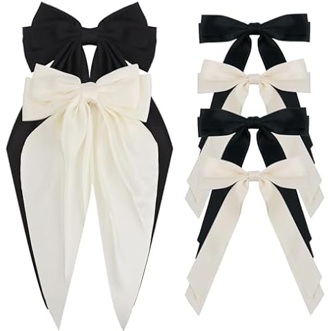 Aprince 6PCS Hair Bows for Women Bow Hair Clips with Long Tails Satin Bows for Girls Large Barrettes Hair Accessories for Women Black&Beige Cute Hair Ribbon BowKnot Clips for Thick & Thin Nonslip Cover