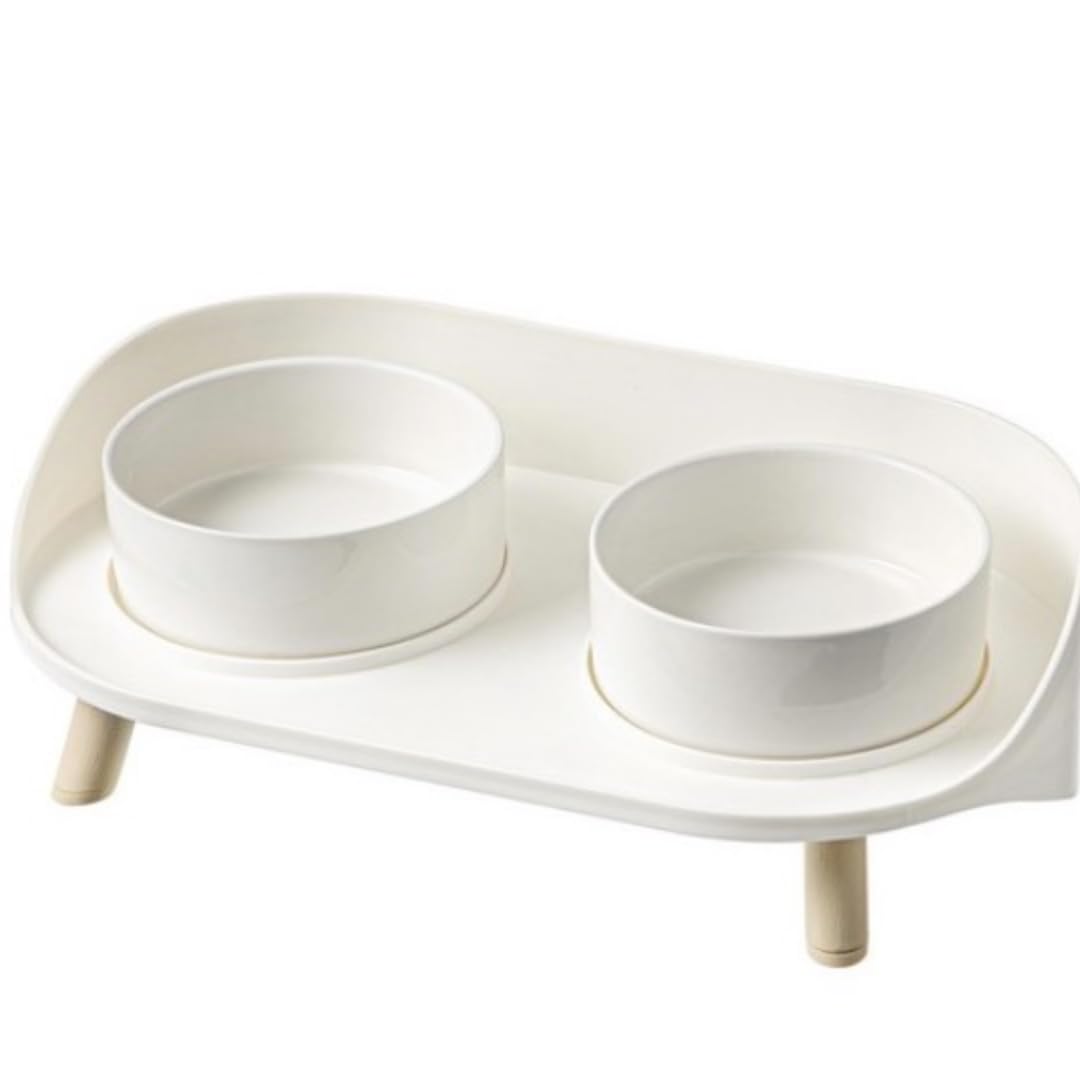 Dual Pet Feeder Bowls with Stand, Anti-Spill Guardrail & Dual-Hole Design for Cans, Non-Slip Dishes for Food & Water, Neck Strain Relief - Ideal for Cats & Small to Medium Dogs