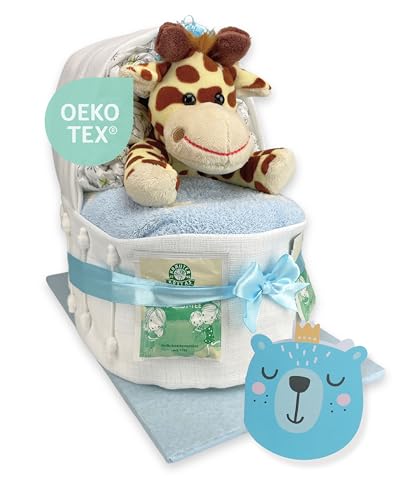 Windeltorte.com – Windelbettchen für Jungen inkl. 34 LILLYDOO Windeln | Geschenk zur Geburt | Taufgeschenk | Geschenk zur Babyparty – Handgefertigte Windeltorte