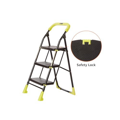 Image of Amazon Basics Dynamo - Foldable Step Ladder, Safety Clutch Lock, Anti Slip Steps, Knee Guard, Anti Skid PVC Shoes, 3 Steps (Steel, Black & Lime Green)