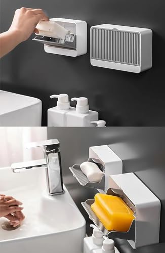 Image of SAHAJ Enterprise Plastic Creative Wall Mounted Double Bar Bathroom Soap Box Holder Soap Dish with Drainage Box Soap Box with Lid Single, Double Grid Soap Draining Rack (4, 1 Lid)