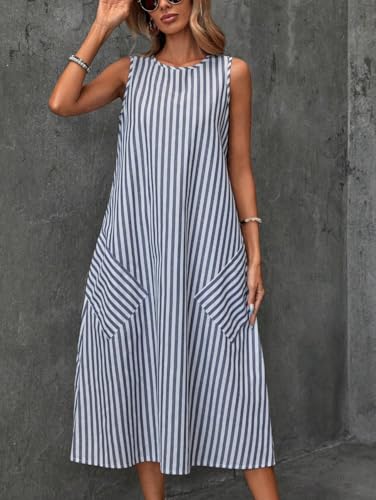 chouyatou Women's Casual Loose Vertical Striped Dress Crew Neck Sleeveless Midi Long Tank Dress with Pockets2