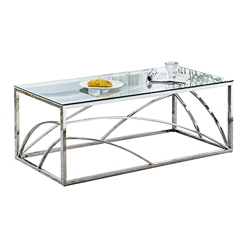JaHECOME Couchtisch Beistelltisch Sofatisch Wohnzimmertisch für Wohnzimmer, Schlafzimmer Café und Bar, moderner Kaffeetisch mit Edelstahl Gestell und transparentem Hartglas (rechteckig silbern) Cover