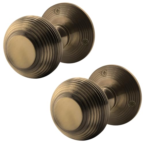 EAI Beehive Door Knobs Antique Brass | 1 Pair of Reeded Mortice Knobs (55mm) for Internal Doors