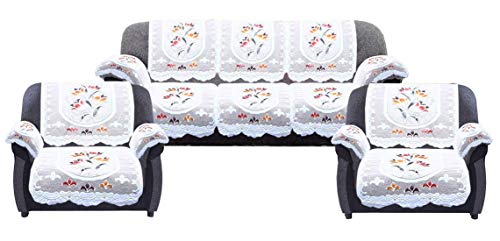 Image of Kuber Industries Flower Design Cotton 5 Seater Sofa Cover with 6 Pieces Arms Cover and 1 Center Table Cover Use Both Side, Living Room, Drawing Room, Bedroom, Guest Room (Set f 17, Cream)