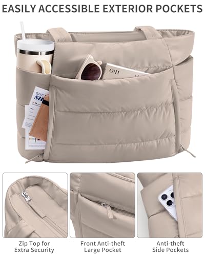 Image of Bagstellar Puffer Tote Bag for Women, Lightweight Puffy Work Handbag Teacher Nurse Quilted Shoulder Bag for School Travel Gym | Cloud Bag w / Zipper
