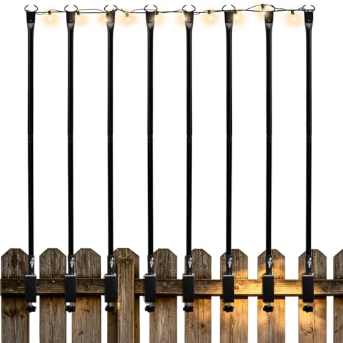 Patio Light Poles for String Lights 4FT 8 Pack Deck Poles for String Lights with Fence-Friendly Clamps String Light Poles for Deck Railing Clamp Mount Metal Hanging Posts for Backyard Garden Bistro