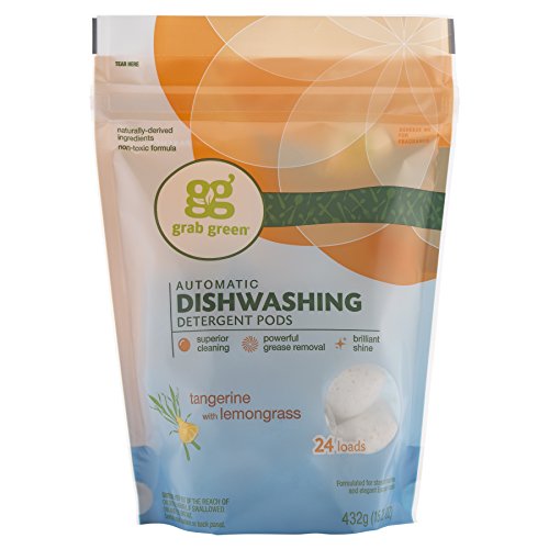 Grab Green Automatic Dishwashing Detergent Pods, 24 Count, Tangerine Lemongrass Scent, Plant and Mineral Based, Superior Cleaning, Powerful Grease Removal, Brilliant Shine