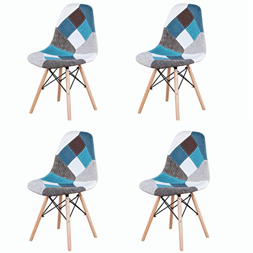 GroBKau Set di 4 sedie da Pranzo Moderne, in Tessuto Patchwork, Imbottite, con Base in Legno, Ideali per Soggiorno, Sala da Pranzo, caffetteria, Sala d'attesa, ECC. Blue