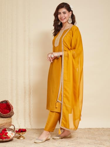 Image of MOKOSH Women's Silk Blend Embroidered Kurta Pant with Dupatta