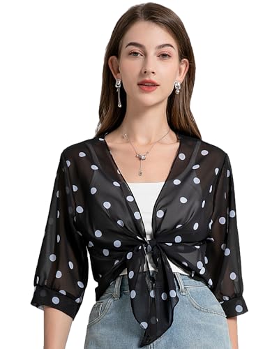 Womens Bolero Shrug Soft Chiffon Tie Front Sheer 3/4 Sleeve Cropped Cardigans for Dress