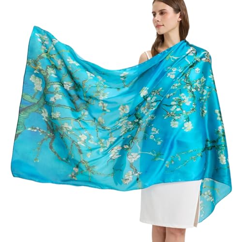 Nonakgado 100% mulberry silk scarf-womens green flower long mulberry silk neck head scarves hijab beach travel shawl wrap (YHCJ-Style 4)