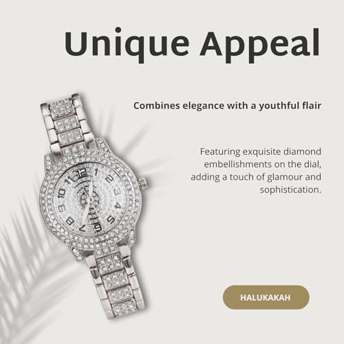 Image of Halukakah Diamonds Watch Iced Out for Boy Teens Kids - 18K Real Gold /Platinum Plated,Arabic Numerals Round Dial,Japanese Quartz - 7.7 inch Length - Optional with Cuban Link Chain - for Birthday,Parties