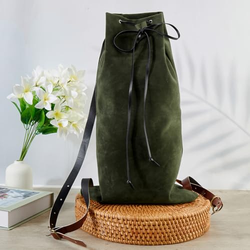 Image of GORGECRAFT Medieval Drawstring Backpack Vintage Fibre Bag with PU Leather Straps Alloy Clasps Portable Pouch for SCA LARP Reenactment Ren Fair Cosplay Outdoor Gym Swim Beach Dark Olive Green 18x10.8in