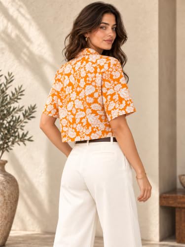 Image of Leriya Fashion Women Short Sleeve Crop Shirt | Notch Cuban Collar Front Button-Up Top | Floral Block Print Pattern Matte Texture Blouse | Casual Regular Fit Ladies Midriff Holiday Comfort