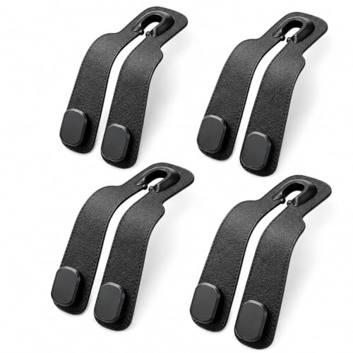 4 Leather Car Seat Hooks with Strong Buckle – Headrest Organiser for Bags