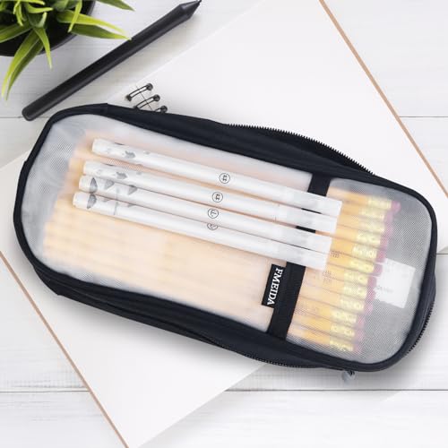 Image of Fmeida Grid Mesh Pencil Case - Upgraded 4 Compartment Pencil Pouch, Clear Adult Pencil Bag Aesthetic Marker Pouch Stationary Bag Office Organizer for College Business Travel - Black&White