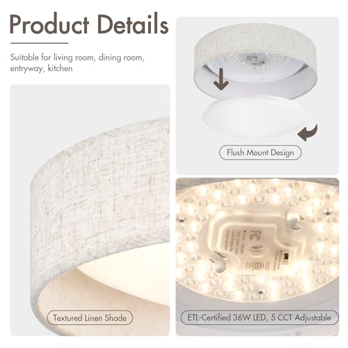 Image of Modern Linen LED 13 Inch Ceiling Light Fixture with 36W 5CCT, Flush Mount Low Profile Room Lamp, Dimmable Minimalist Lighting for Bedroom, Kitchen, Hallway, Closet, Entryway