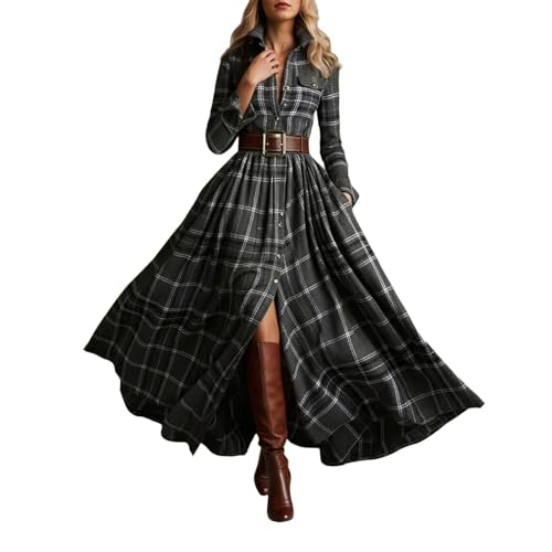 Hemdkleid Damen Lang Langarm Kariert Herbstkleid Elegant Winterkleid A Linie Maxi Kleid Winter mit Kragen Lange Kleider Retro Temperament Langkleid...