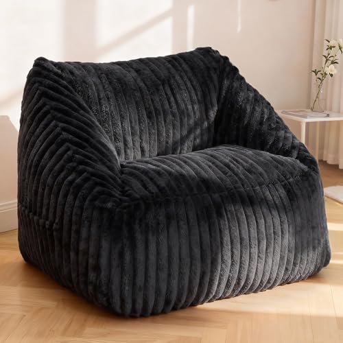 Image of Bean Bag Chair, Giant Bean Bag Chairs for Adults and Kids, Bean Bag Sofa, Lazy Floor Sofa, Faux Fur Beanbag Chair with Armrests for Living Room Bedroom (Black)