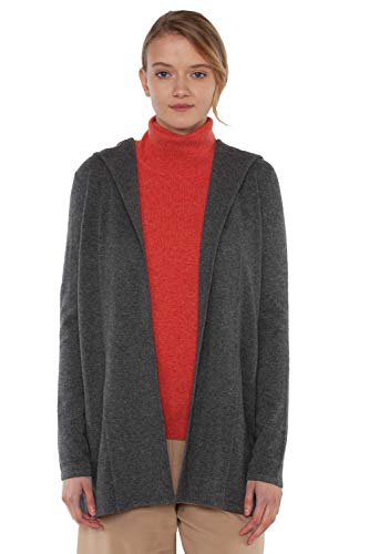 JENNIE LIU Women's 100% Pure Cashmere Hooded Open-Front Long Cardigan Sweater(L, Charcoal)
