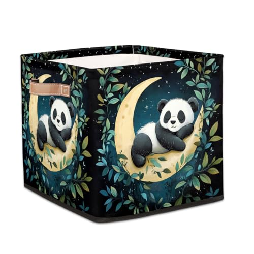 Dusviba Cartoon Panda Moon Leaves Foldable Storage Cube with Leather Handle, Fabric Organizer Collapsible Laundry Basket for Closet Bedroom Nursery Office Toy Storage 13x13x13 Inch