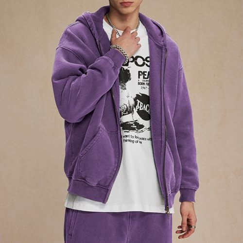 Mens Fleece Hoodies Double Zip Up Cotton Sweatshirt Oversized Acid Wash Hooded Jackets Vintage Sweatshirt2