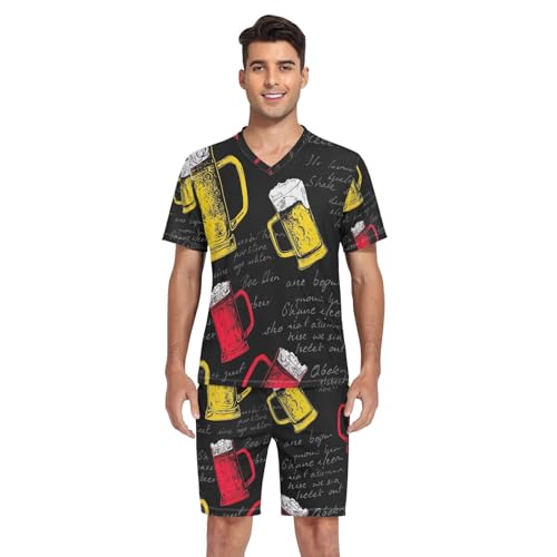 Red Yellow Mugs Beer Black Men's Pajama Sleep Sets Short Sleeve V Neck 2 Pcs Pjs Nightwear Summer, Small4