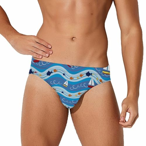 Sailing Waves Boats Mens Swim Briefs Quick Dry Swimming Trunks Training Swimsuit Low Rise Swimwear