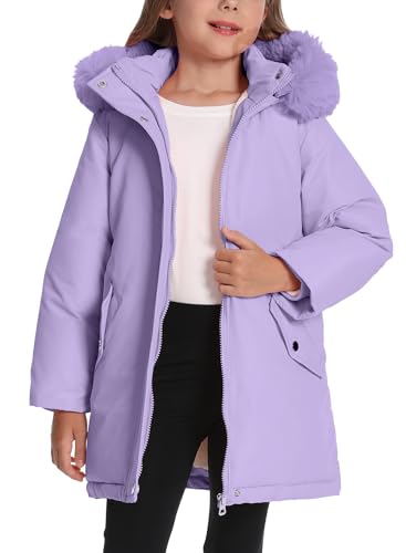 FEOYA Winter Parka for Girls 9-10 Years Thick Padding Jacket Windproof Outwear Long Coat with Hood Purple