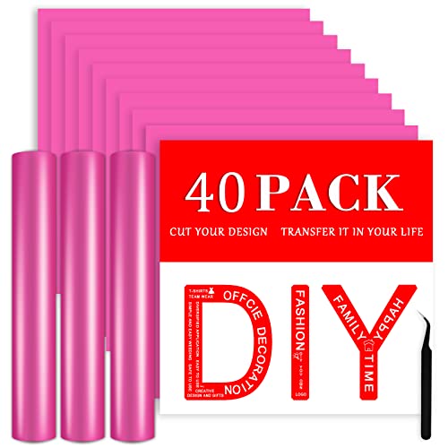 REDLABEL Heat Transfer Vinyl Bundle 40 Pack 12" x 10" Fuchsia Color,Easy Cut & Weed PU Polyurethane Iron On Vinyl HTV Especially for Cricut, Silhouette Cameo or Heat Press Machine