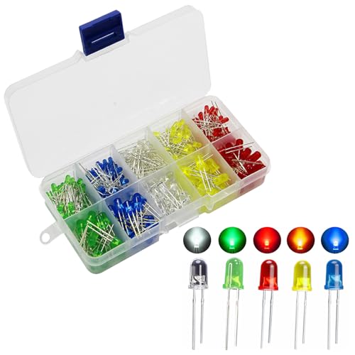 200 PCS 5mm LED Light Emitting Diode, Diodo Emisor De Luz Led,Diodos Led 3mm,5mm LED Diodo Emisor,Lámparas LED de alto brillo para varios componentes electrónicos,Rojo,Amarillo,Azul,Verde y blanco