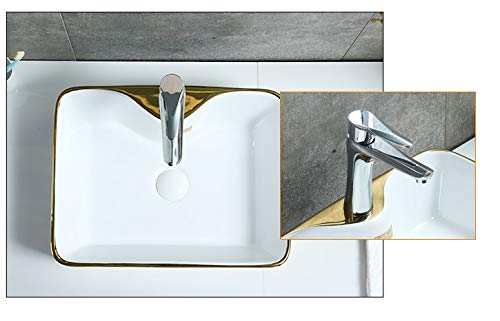 Image of InArt Designer Ceramic Wash Basin /Vessel Sink /Over or Above Counter Top Wash Basin for Bathroom Rectangle Shape Golden White 19 x 14 x 5 Inch