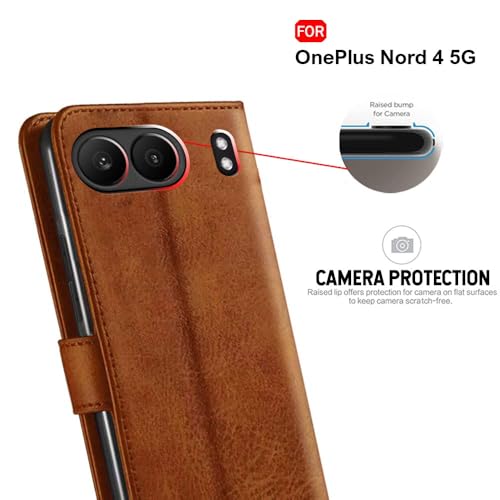 Image of TheGiftKart Genuine Leather Finish Flip Back Cover Case for OnePlus Nord 4 5G | Inbuilt Pockets & Stand | Wallet Style | Designer Button | Flip Cover Back Case for OnePlus Nord 4 (Faux Leather, Brown)
